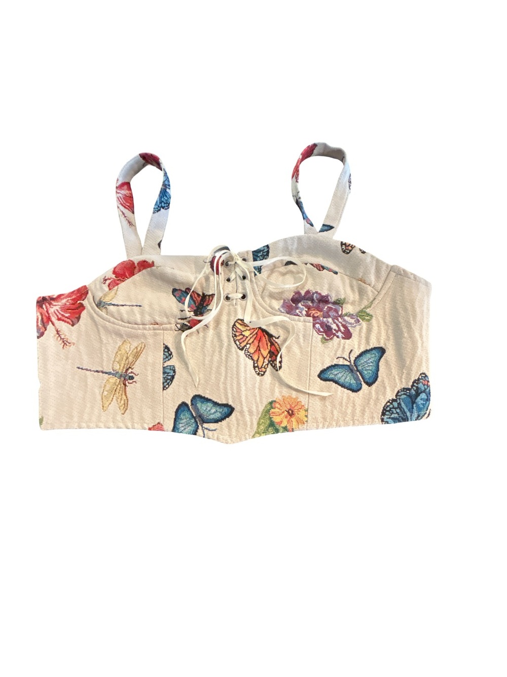 Cider Y2K Style Tapestry Butterfly Floral Lace Up Corset Crop Top XL Goblincore